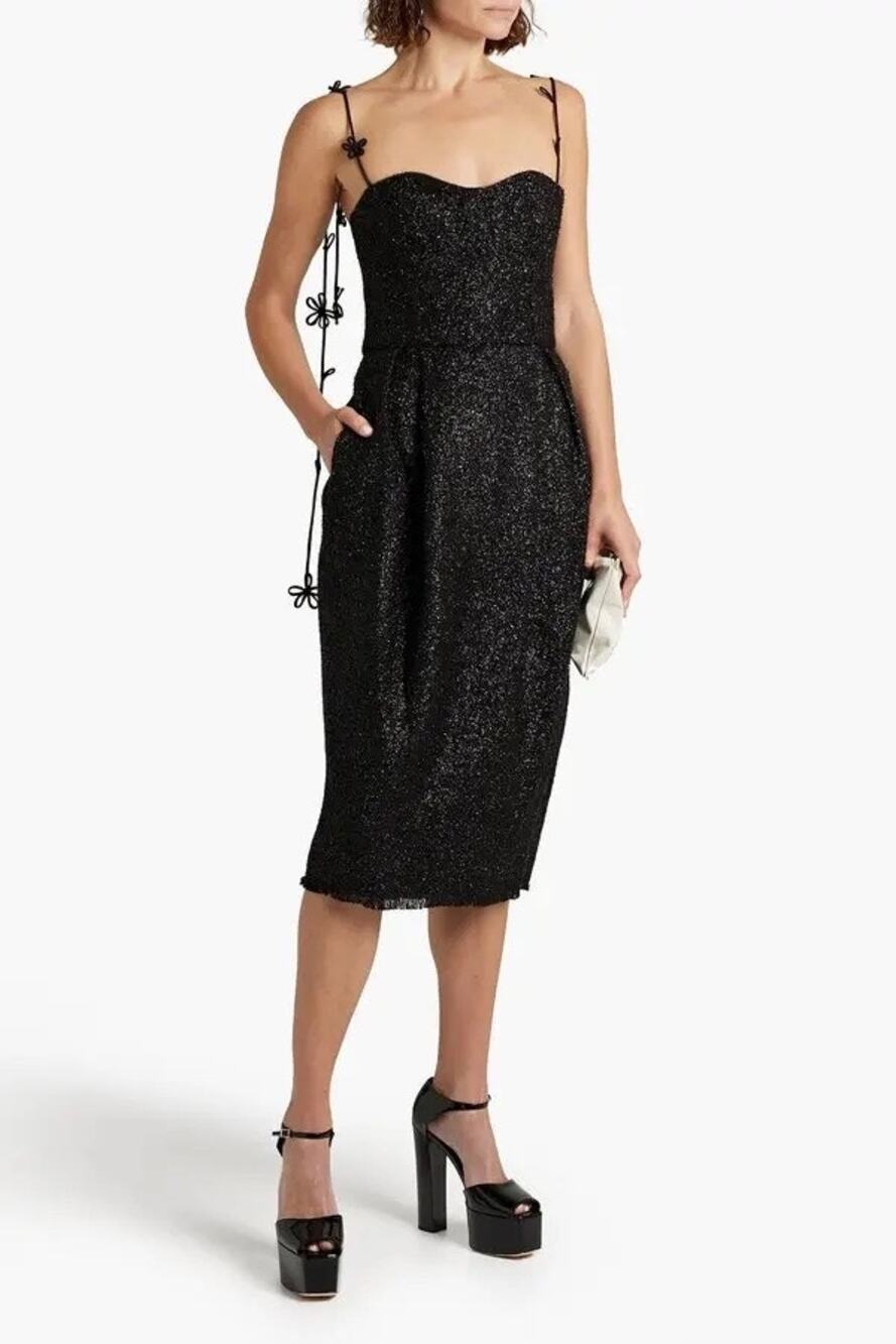 Rosie Assoulin Bustino Black Metallic Tie Strap Corset Sweetheart Midi Dress 4